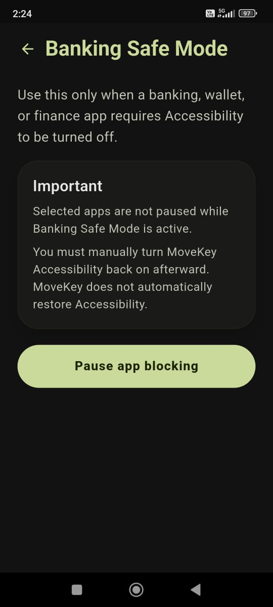 Actual MoveKey Banking Safe Mode screen.