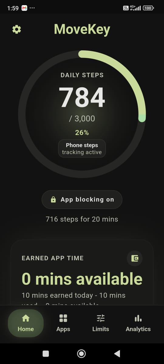 Actual MoveKey Android Home screen showing step progress, selected apps, and Progressive Unlock status.
